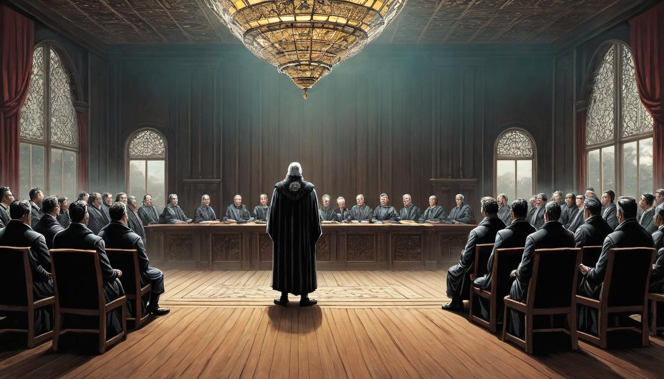  （surrealism)A council chamber, central figure standing confidently, others looking towards them for wisdom, regal presence, respected, admired, guiding force mystic, intricate details, best quality)