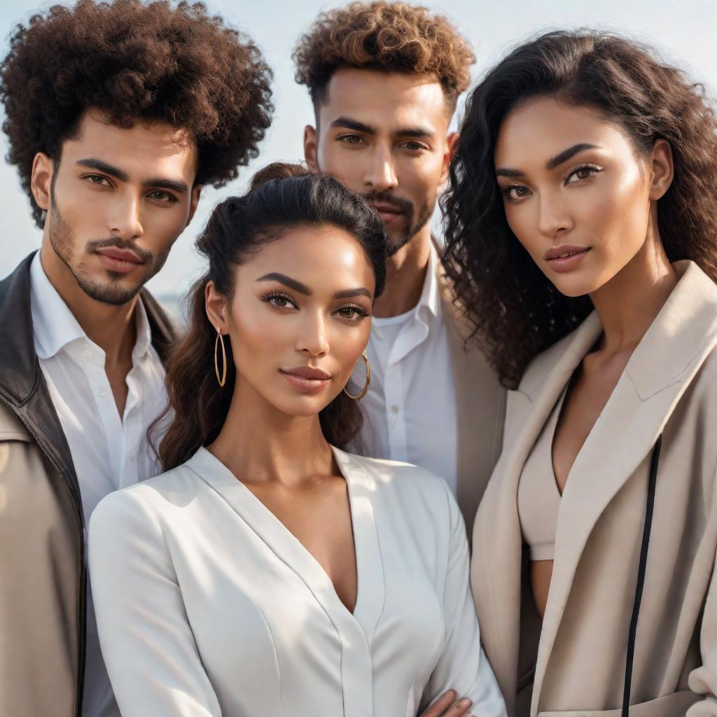  An image of four mixed-race people: 1. A Chinese mixed-race woman. 2. A Middle Eastern white man with curly hair. 3. A Japanese mixed Latino woman with curly white hair. 4. A mixed-race African-European man with wavy blond hair tied back. They are posing together in a friendly and casual manner with a light, neutral background. hyperrealistic, full body, detailed clothing, highly detailed, cinematic lighting, stunningly beautiful, intricate, sharp focus, f/1. 8, 85mm, (centered image composition), (professionally color graded), ((bright soft diffused light)), volumetric fog, trending on instagram, trending on tumblr, HDR 4K, 8K