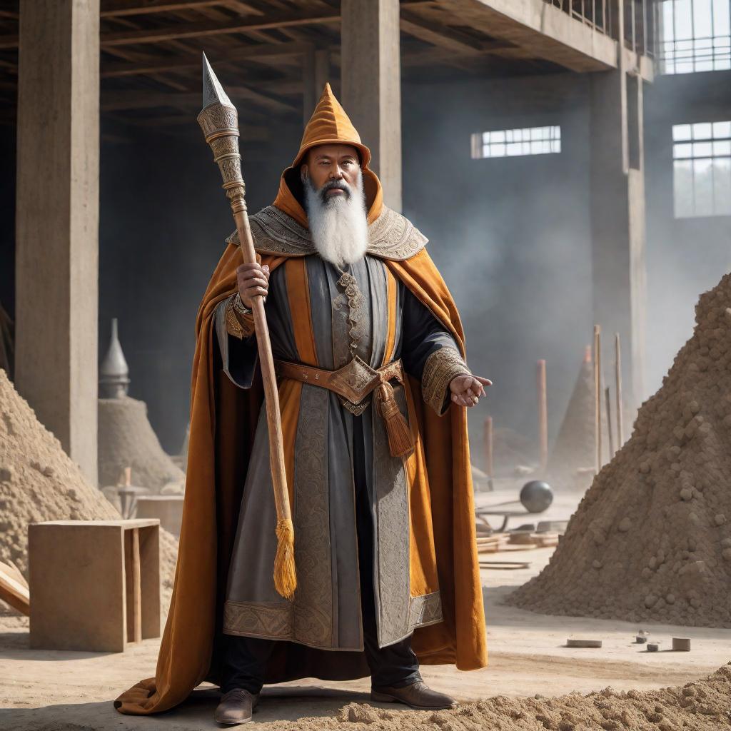  A grand wizard dressed in elaborate robes and a tall, pointed hat is doing concrete work. The scene is set at a construction site with the wizard using magic to carefully smooth and shape a concrete path or structure. There are magical tools floating around him, assisting in the concrete work. The background includes typical construction elements like scaffolding and piles of materials, blending the mystical and the mundane. hyperrealistic, full body, detailed clothing, highly detailed, cinematic lighting, stunningly beautiful, intricate, sharp focus, f/1. 8, 85mm, (centered image composition), (professionally color graded), ((bright soft diffused light)), volumetric fog, trending on instagram, trending on tumblr, HDR 4K, 8K