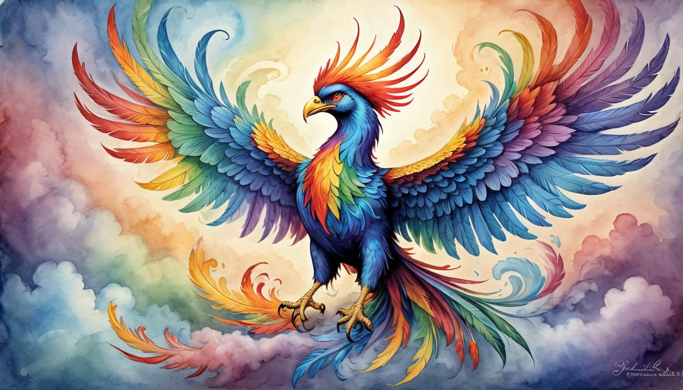  on parchment, surrealism+++, An ethereal phoenix with brilliant, rainbow colored feathers, glowing aura, soaring towards the sky, renewal, transformation(mysterious, provocative, symbolic,muted color)+++