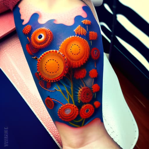 wa-vy style Arm tattoo of Various bright red orange and blue flowers growing along a vine steampunk style