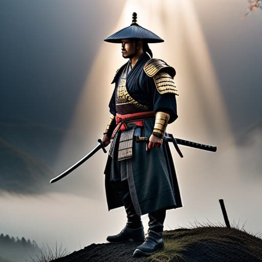  Samurai stood high, behind him, looking far away. hyperrealistic, full body, detailed clothing, highly detailed, cinematic lighting, stunningly beautiful, intricate, sharp focus, f/1. 8, 85mm, (centered image composition), (professionally color graded), ((bright soft diffused light)), volumetric fog, trending on instagram, trending on tumblr, HDR 4K, 8K