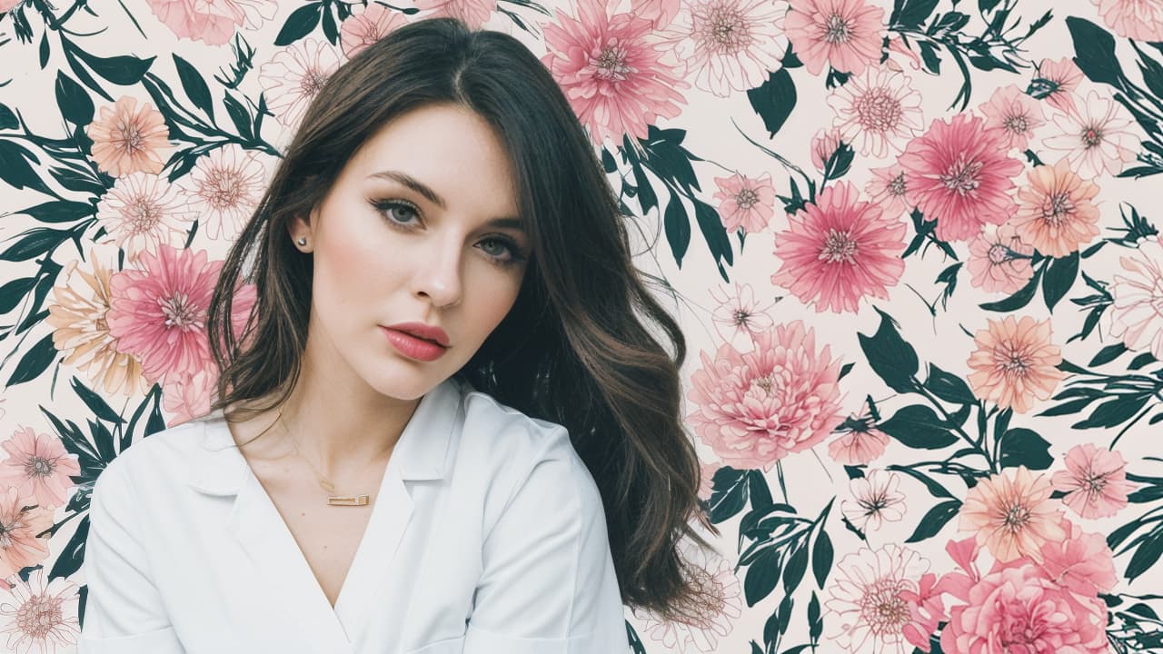  Urban chic portrait of a trendy female nurse, stylish and modern on a flower background, floral aesthetic, Fashion and beauty stylish illustration