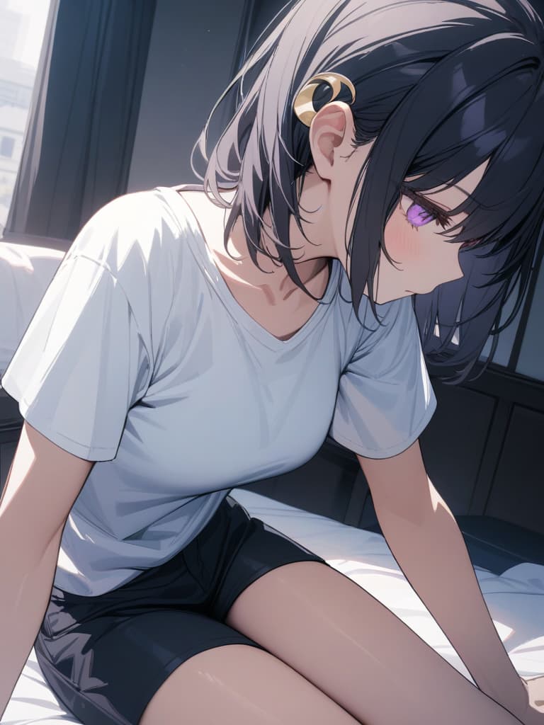  Expressionless,Sitting,leaning forward,white shirt T shirt,shorts,in a room,on a bed,cool girl,Black hair,(purple eyes),short,cropped hair,crescent moon hair ornament,, masterpiece, best quality,8k,ultra detailed,high resolution,an extremely delicate and beautiful,hyper detail