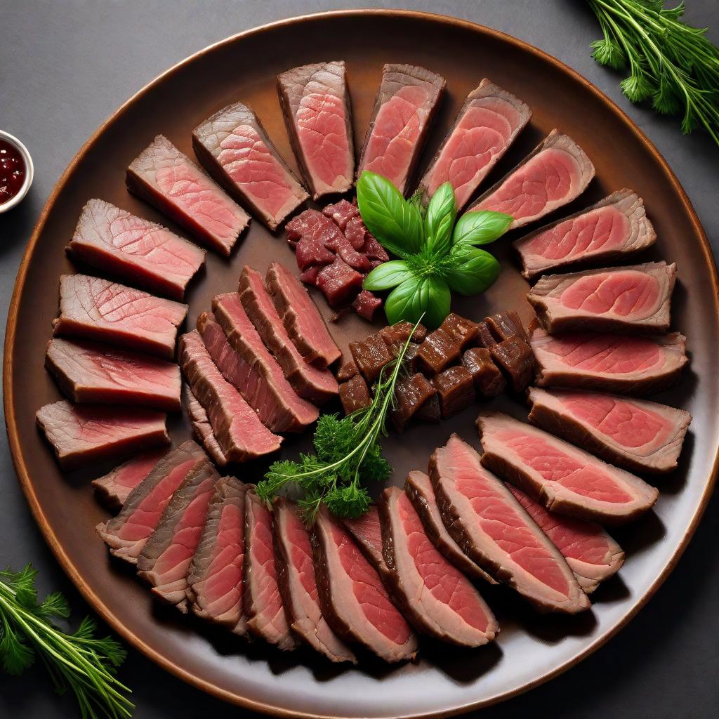  A platter elegantly arranged with pieces of beef liver. The liver should look fresh and rich in color, with a slight sheen to indicate its quality. The platter should be garnished with herbs such as parsley for a touch of green, and set on a dining table or kitchen counter. The setting should be clean, inviting, and appetizing. hyperrealistic, full body, detailed clothing, highly detailed, cinematic lighting, stunningly beautiful, intricate, sharp focus, f/1. 8, 85mm, (centered image composition), (professionally color graded), ((bright soft diffused light)), volumetric fog, trending on instagram, trending on tumblr, HDR 4K, 8K