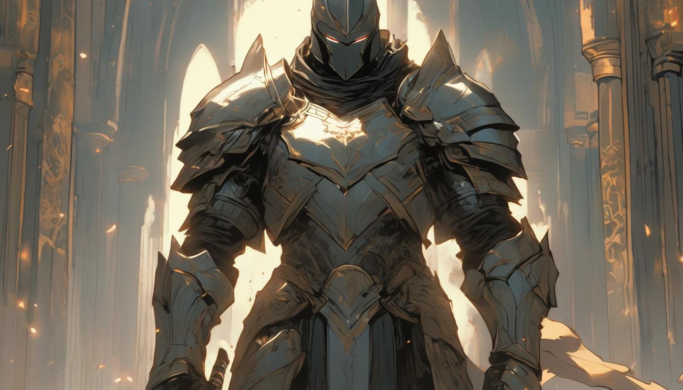  hyperrealism,fantasy aestheticA knight guarding a serene temple, sword drawn, focused expression, embodiment of peace and protection, sanctuary, vigilance, calm strength, high tech clothing clad in sleek, futuristic costume with metallic accents and form fitting designs, marvel superhero comics style, unreal engine rendering