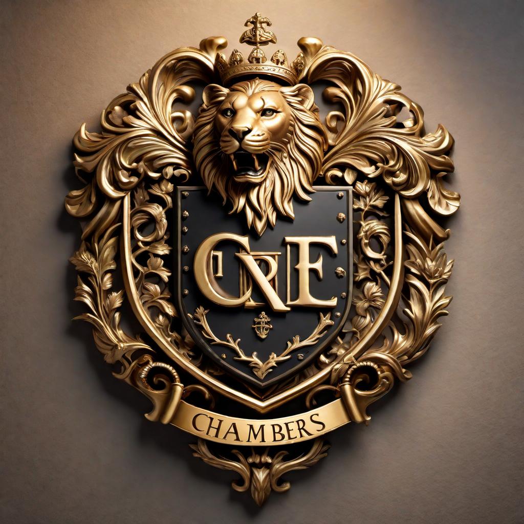  A family crest for the name 'Chambers' with a rich and intricate design that includes the word 'CHAMBERS' in bold, gold letters integrated into the crest. Retain traditional heraldic elements such as a shield, helmet, lion, oak tree, and castle. Ensure the lettering is elegantly incorporated to enhance the historic and dignified look of the crest. hyperrealistic, full body, detailed clothing, highly detailed, cinematic lighting, stunningly beautiful, intricate, sharp focus, f/1. 8, 85mm, (centered image composition), (professionally color graded), ((bright soft diffused light)), volumetric fog, trending on instagram, trending on tumblr, HDR 4K, 8K