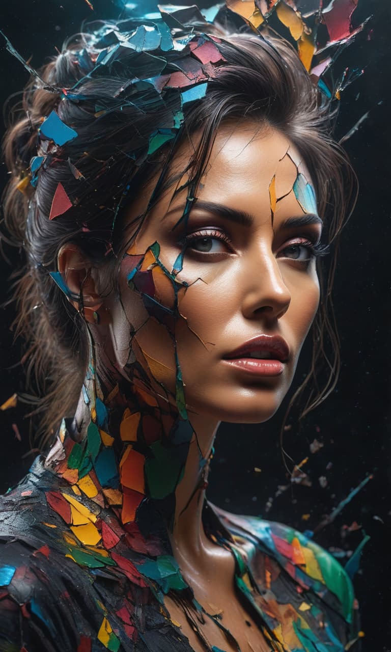  hyperrealistic art double exposure of acrylic paint, abstract woman’s face, in the style of shattered, segmented cracked skin, vibrant acid colors, volumetric lighting, depressive mood . extremely high resolution details, photographic, realism pushed to extreme, fine texture, incredibly lifelike hyperrealistic, full body, detailed clothing, highly detailed, cinematic lighting, stunningly beautiful, intricate, sharp focus, f/1. 8, 85mm, (centered image composition), (professionally color graded), ((bright soft diffused light)), volumetric fog, trending on instagram, trending on tumblr, HDR 4K, 8K