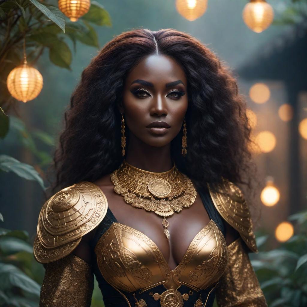  zodiac Leo woman with black skin in a fantasy setting, lofi style hyperrealistic, full body, detailed clothing, highly detailed, cinematic lighting, stunningly beautiful, intricate, sharp focus, f/1. 8, 85mm, (centered image composition), (professionally color graded), ((bright soft diffused light)), volumetric fog, trending on instagram, trending on tumblr, HDR 4K, 8K