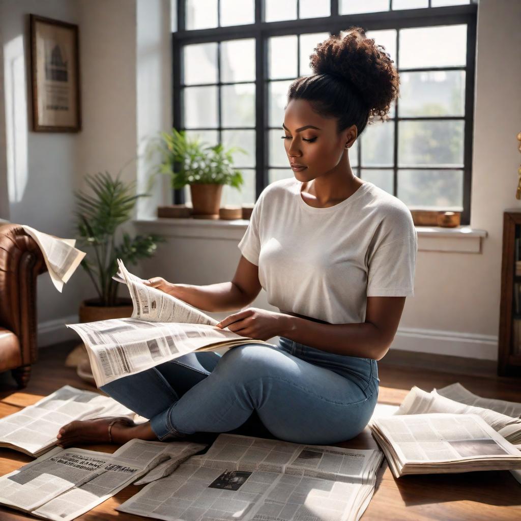  A young African American woman sitting at home cutting out newspaper articles and pasting them into a book. The scene is cozy and homely with natural light streaming in through a window. The woman is focused, surrounded by scraps of paper and a few pens. She might be wearing casual, comfortable clothing like a t-shirt and jeans. hyperrealistic, full body, detailed clothing, highly detailed, cinematic lighting, stunningly beautiful, intricate, sharp focus, f/1. 8, 85mm, (centered image composition), (professionally color graded), ((bright soft diffused light)), volumetric fog, trending on instagram, trending on tumblr, HDR 4K, 8K