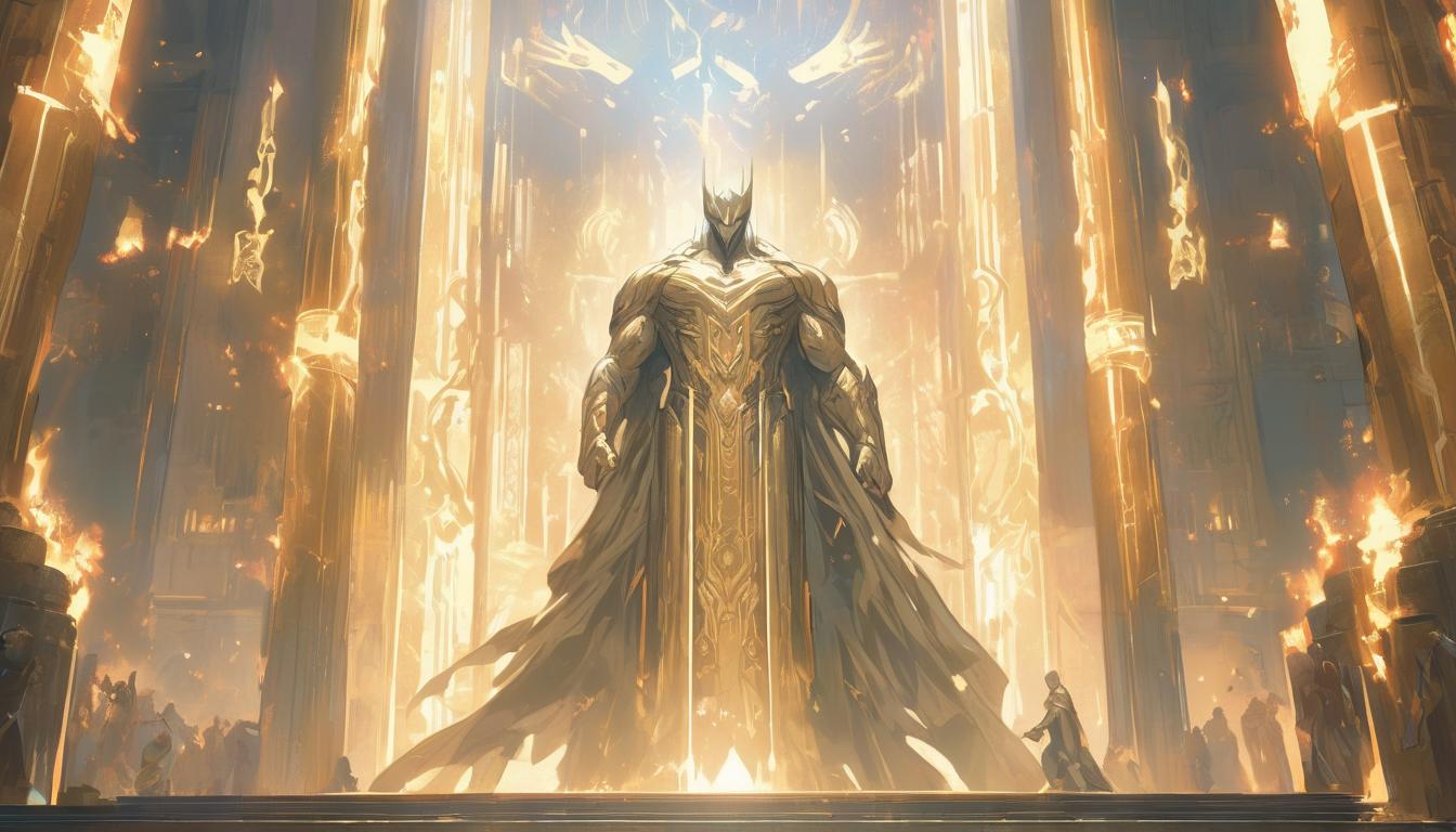  hyperrealism,fantasy aestheticAn ancient temple, illuminated scroll in the center, beams of light spreading, symbolizing the revival of ancient wisdom, serene and impactful, high tech clothing clad in sleek, futuristic costume with metallic accents and form fitting designs, marvel superhero comics style, unreal engine rendering