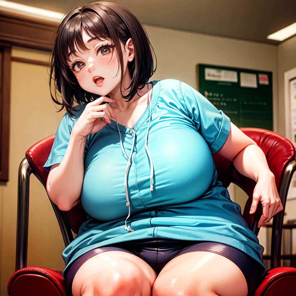  short chubby . sat on a chair. with her wide open and she is . the room is full of old men watching her