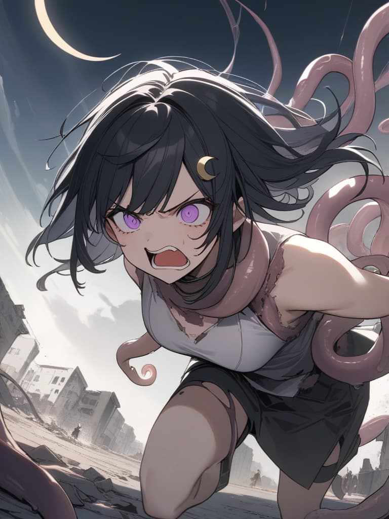  ((Tentacles coming out of the back,beige Tentacles,beige feeler,beige sharp tentacle))1.8,((Anger,screaming,hatred))1.2,murderous intent,mouths open,running,tattered clothes,rubble,collapsed buildings,cool girl,Black hair,(purple eyes),short,cropped hair,crescent moon hair ornament, masterpiece, best quality,8k,ultra detailed,high resolution,an extremely delicate and beautiful,hyper detail