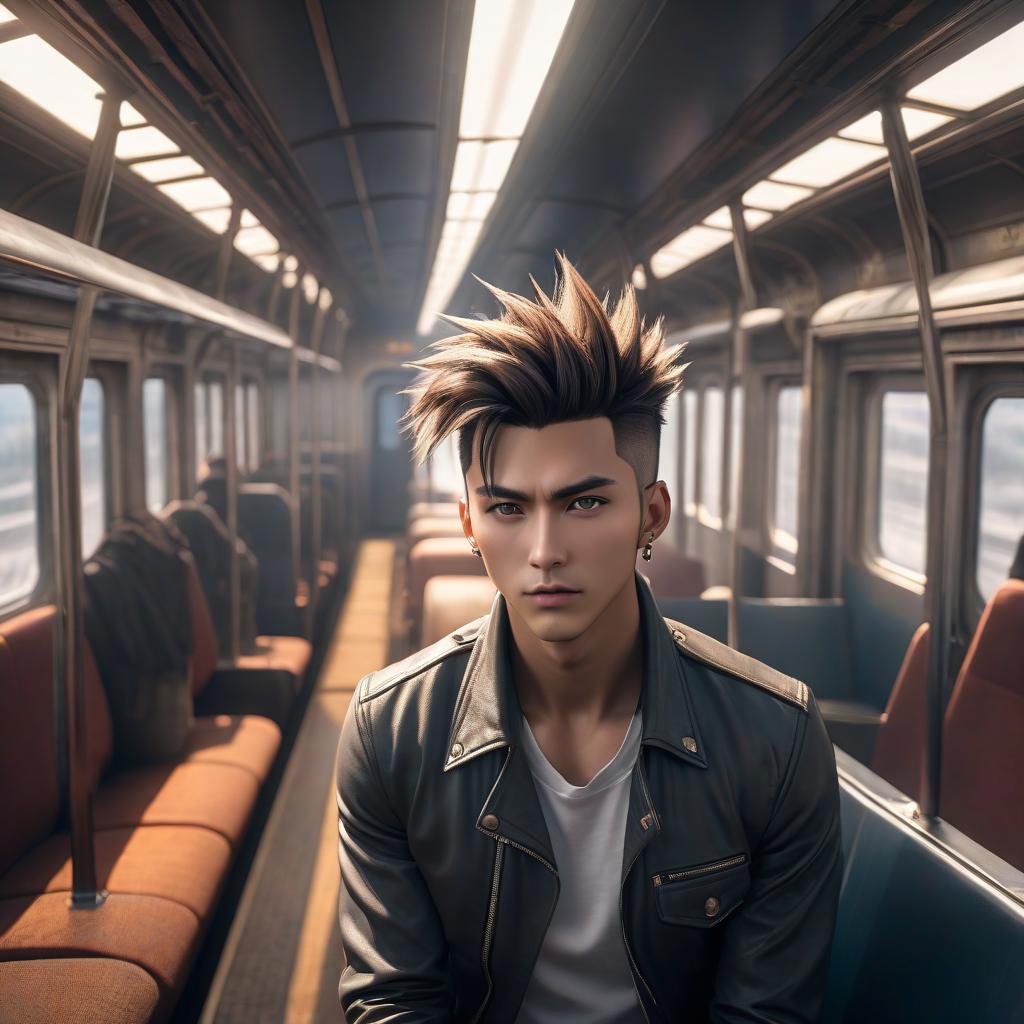  a close up of a man on a train, long spiky hair, ultra wide angle, discord mod, “ iron bark, straight hairstyle, 1 8 yo, rap, inspired by Christen Dalsgaard, bad photo, high quality] hyperrealistic, full body, detailed clothing, highly detailed, cinematic lighting, stunningly beautiful, intricate, sharp focus, f/1. 8, 85mm, (centered image composition), (professionally color graded), ((bright soft diffused light)), volumetric fog, trending on instagram, trending on tumblr, HDR 4K, 8K