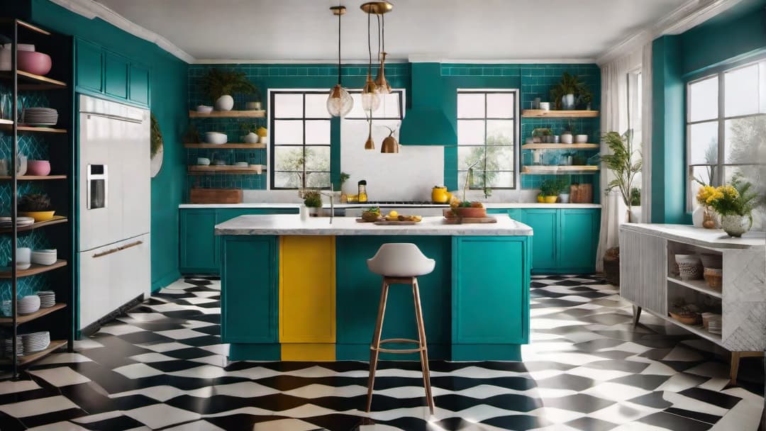  Generate an image of an 80's inspired kitchen with a vibrant color palette and bold patterns. The kitchen should feature vintage appliances in bright hues like teal, yellow, and pink against a backdrop of white walls and cabinets. Include retro geometric floor tiles and open shelving with colorful ceramic dishes. Add black and white checkered curtains and seat cushions to enhance the whimsical and fun aesthetic of the 80's decor. hyperrealistic, full body, detailed clothing, highly detailed, cinematic lighting, stunningly beautiful, intricate, sharp focus, f/1. 8, 85mm, (centered image composition), (professionally color graded), ((bright soft diffused light)), volumetric fog, trending on instagram, trending on tumblr, HDR 4K, 8K