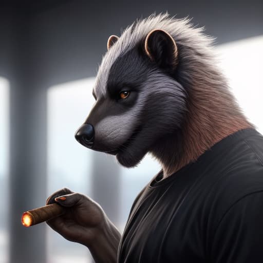  anthro, honey badger, solo, male, adult, smoking a cigar, black shirt, realistic fur, centered in a white circular background, hyper realism, RAW photo, (realism, photorealistic:1.3), detailed, hi res hyperrealistic, full body, detailed clothing, highly detailed, cinematic lighting, stunningly beautiful, intricate, sharp focus, f/1. 8, 85mm, (centered image composition), (professionally color graded), ((bright soft diffused light)), volumetric fog, trending on instagram, trending on tumblr, HDR 4K, 8K