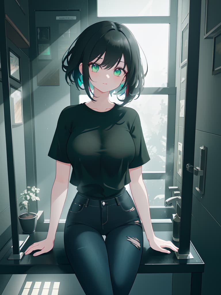  Black hair, black T shirt, damage jeans, green mesh, sauce, red pupil, alley, masterpiece, best quality,8k,ultra detailed,high resolution,an extremely delicate and beautiful,hyper detail hyperrealistic, full body, detailed clothing, highly detailed, cinematic lighting, stunningly beautiful, intricate, sharp focus, f/1. 8, 85mm, (centered image composition), (professionally color graded), ((bright soft diffused light)), volumetric fog, trending on instagram, trending on tumblr, HDR 4K, 8K