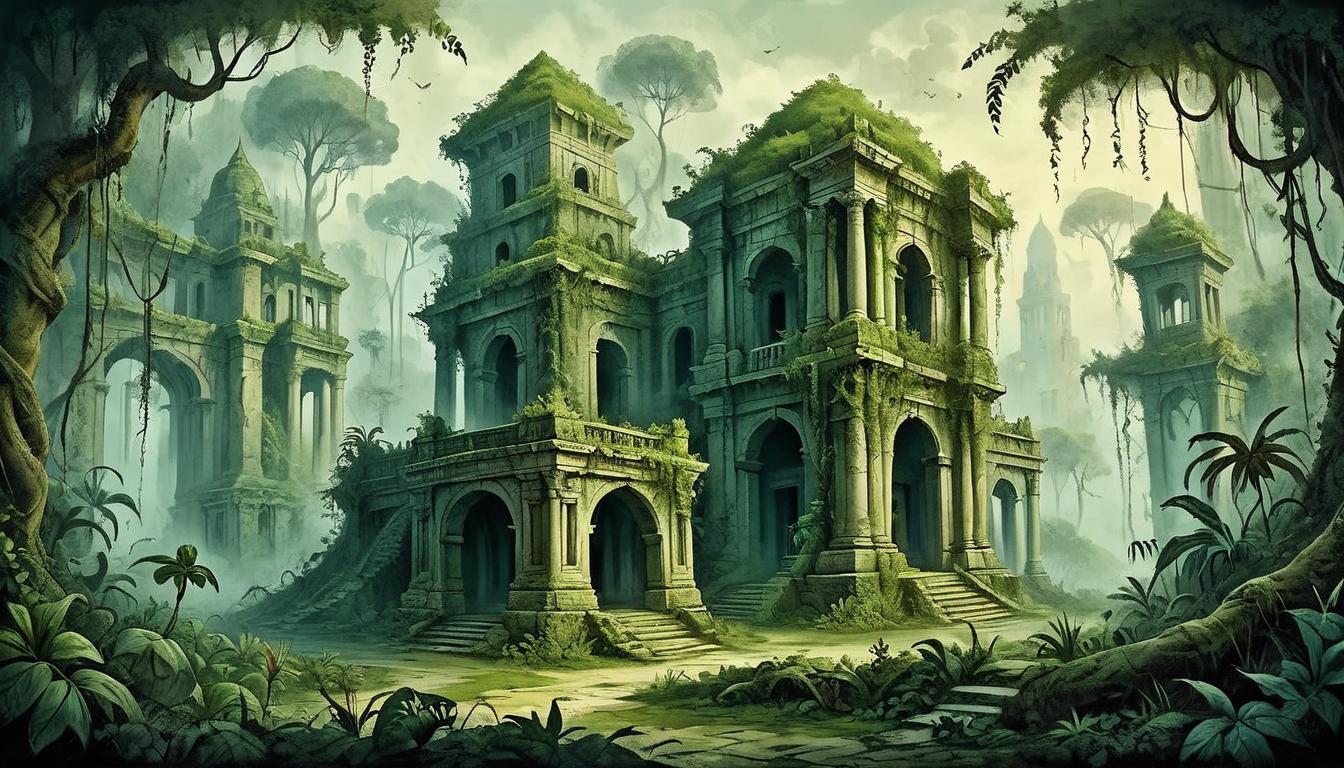  on parchment, surrealism+++, Ruined temple in a dense jungle, overgrown with vines, forgotten, eerie, lost to time(mysterious, provocative, symbolic,muted color)+++