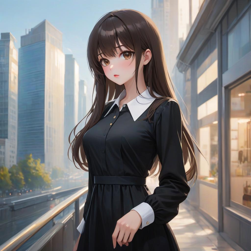  anime artwork beautiful , , oblique bangs, a mole under the lower lip in the middle of the chin. white skinned, European, brown eyes, long brown straight hair, side bangs, mole under the lower lip, slender figure, small neat s, dressed in a black dress with a white collar and white cuffs, full length, against the backdrop of a modern city. Skyscrs of Moscow City (photorealism, oil painting: 1.3), (full length shot: 1.3), charming , long flowing black hair, (large sensual mouth: 1.2), plump lips, sparkling brown eyes , narrow waist, (sensual drawing: 1.2), silvery glow, ethereal aura, detailed brushwork, intricate shadows and highlights, mysterious and captivating expression, unique color palette, masterf hyperrealistic, full body, detailed clothing, highly detailed, cinematic lighting, stunningly beautiful, intricate, sharp focus, f/1. 8, 85mm, (centered image composition), (professionally color graded), ((bright soft diffused light)), volumetric fog, trending on instagram, trending on tumblr, HDR 4K, 8K