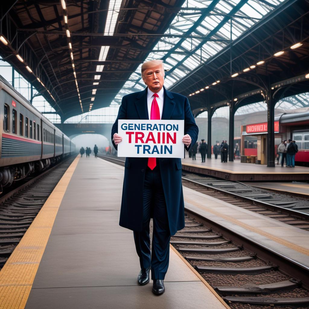  Donald Trump standing in front of a train station, holding a sign that says 'GENERATION X TRAIN'. The scene is lively, with people around and a classic train station setup with trains visible in the background. hyperrealistic, full body, detailed clothing, highly detailed, cinematic lighting, stunningly beautiful, intricate, sharp focus, f/1. 8, 85mm, (centered image composition), (professionally color graded), ((bright soft diffused light)), volumetric fog, trending on instagram, trending on tumblr, HDR 4K, 8K