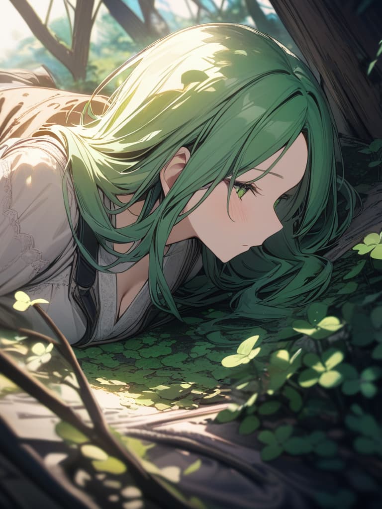  Three leaf clover, ☘️, green hair, masterpiece, best quality,8k,ultra detailed,high resolution,an extremely delicate and beautiful,hyper detail