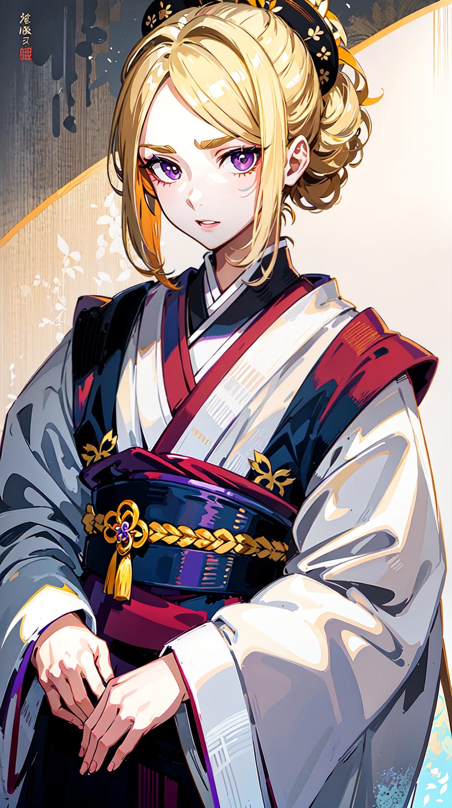  master piece , best quality,Short blonde hair with a long collar and long sideburns, upswept eyebrows, three white eyes with purple pupils, not too large, red mark on forehead, lips neither too thick nor too thin, slim build, beautiful young man in a kimono.