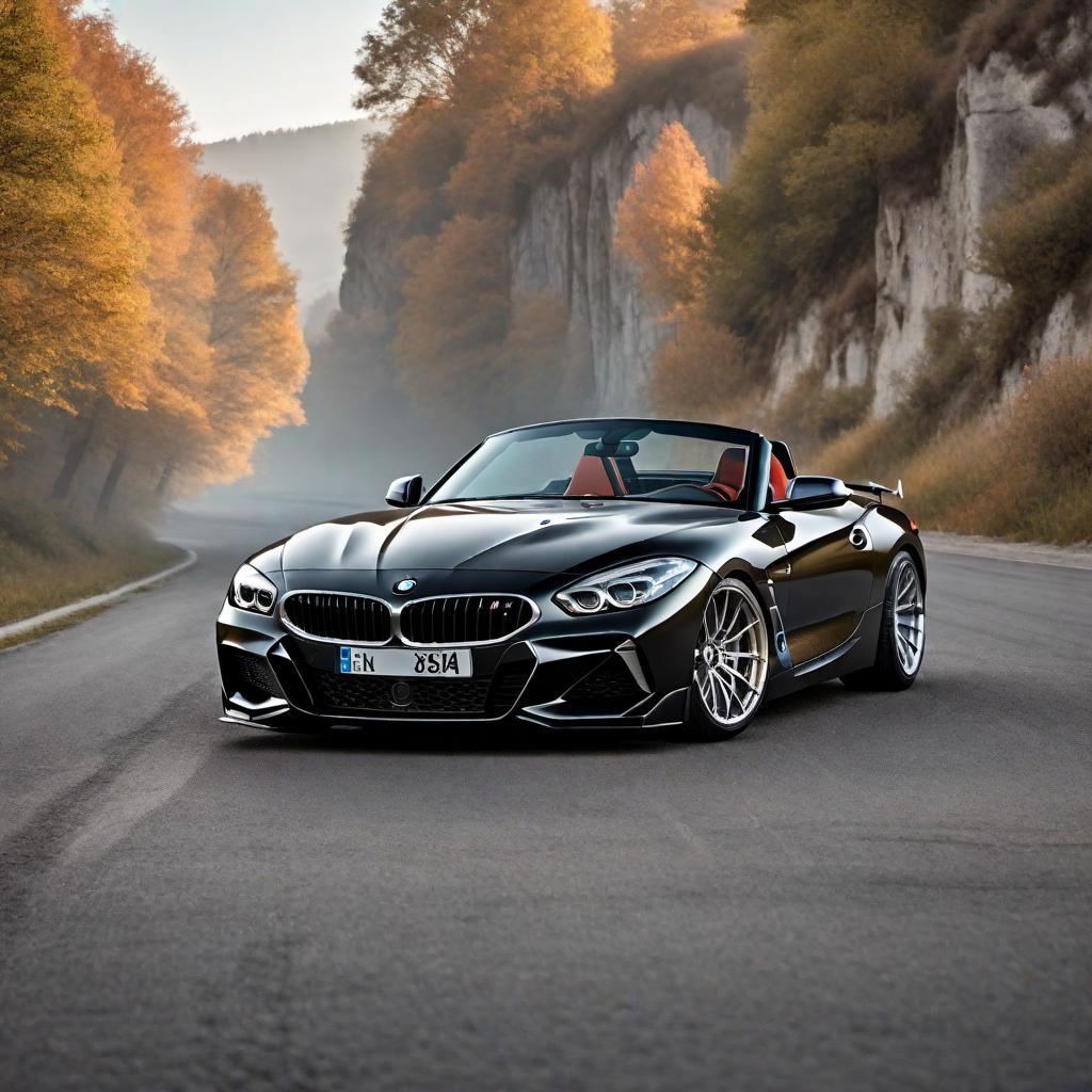  Retro mod BMW Z4 E89 model in black. A BMW Z4 E89 with retro modifications, featuring classic design elements from the 1960s and 1970s. Picture the car in black color in a modern setting but with vintage touches such as chrome bumpers, wire-spoke wheels, and a two-tone paint job. The setting could be an open road with a scenic background. hyperrealistic, full body, detailed clothing, highly detailed, cinematic lighting, stunningly beautiful, intricate, sharp focus, f/1. 8, 85mm, (centered image composition), (professionally color graded), ((bright soft diffused light)), volumetric fog, trending on instagram, trending on tumblr, HDR 4K, 8K