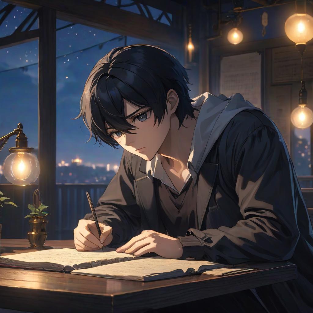  anime artwork A man with black hair sits at night by a table and reads notes, the atmosphere is dark and gloomy with dim lighting. . anime style, key visual, vibrant, studio anime, highly detailed hyperrealistic, full body, detailed clothing, highly detailed, cinematic lighting, stunningly beautiful, intricate, sharp focus, f/1. 8, 85mm, (centered image composition), (professionally color graded), ((bright soft diffused light)), volumetric fog, trending on instagram, trending on tumblr, HDR 4K, 8K