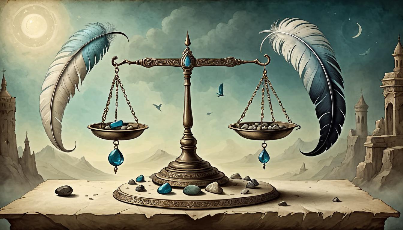  on parchment, surrealism+++, A delicate balance scale, one side laden with feathers, the other with stones, luminous backdrop, contrasting light and shadow, profound duality(mysterious, provocative, symbolic,muted color)+++