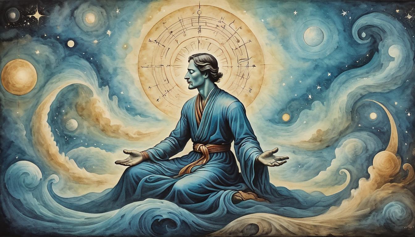  on parchment, surrealism+++, Figure with closed eyes, hands slightly outstretched, subtle energy waves around, cosmic patterns in background, highlighting intuitive understanding, serene atmosphere(mysterious, provocative, symbolic,muted color)+++