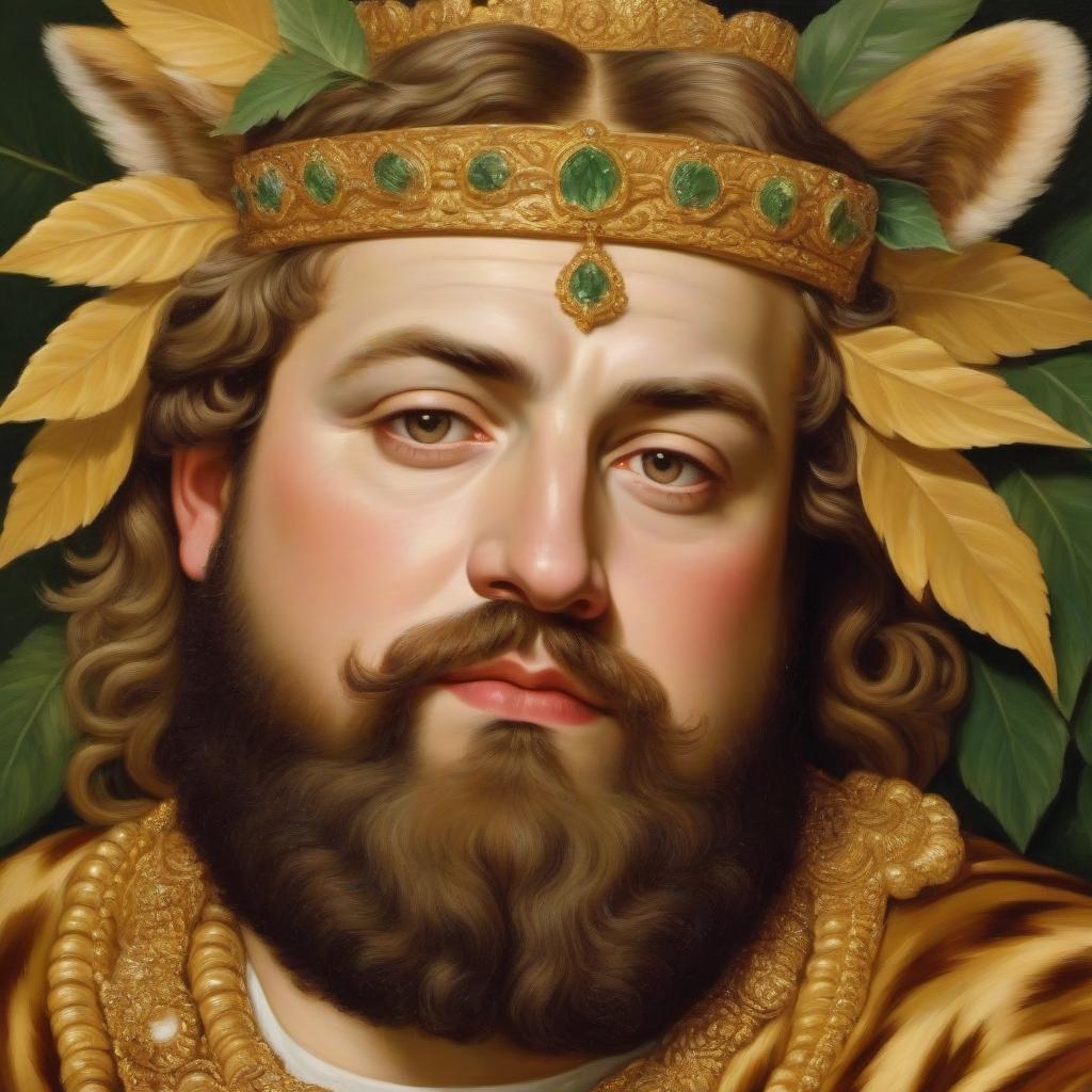  Bacchus portrait, Luciano Pavarotti face, fat man, luxury tiger skin toga, Golden crown in the shape of laurel leaves, highly detailed body, 32K, highly detailed face, oil painting, artwork by Peter Paul Rubens and Anthony van Dyck