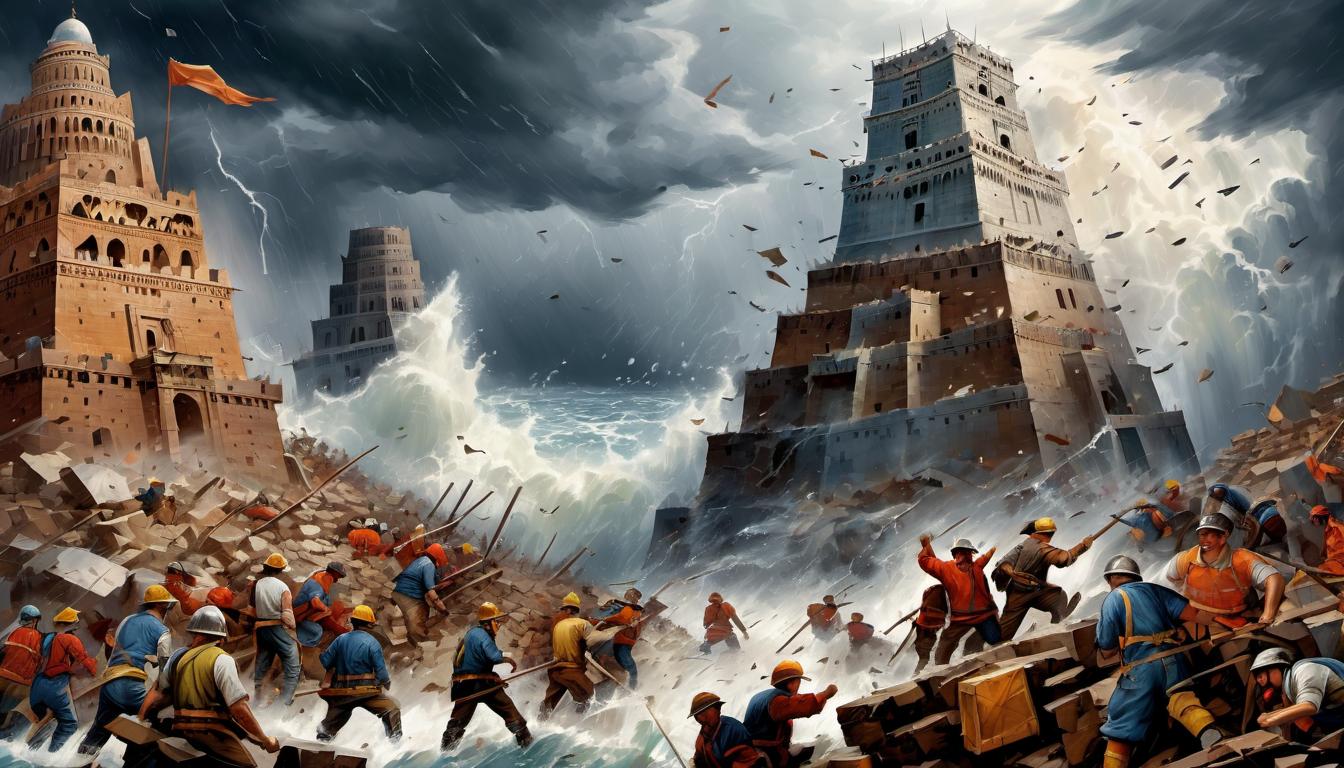  digital painting of Workers scrambling as the storm hits, the Tower of Babel shaking and fragments falling, sense of urgency, panic, overwhelming looking at viewer, dynamic pose, (intricate details, masterpiece, best quality)