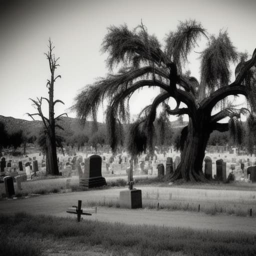  Old west style cemetery with a large dead tree in the background.