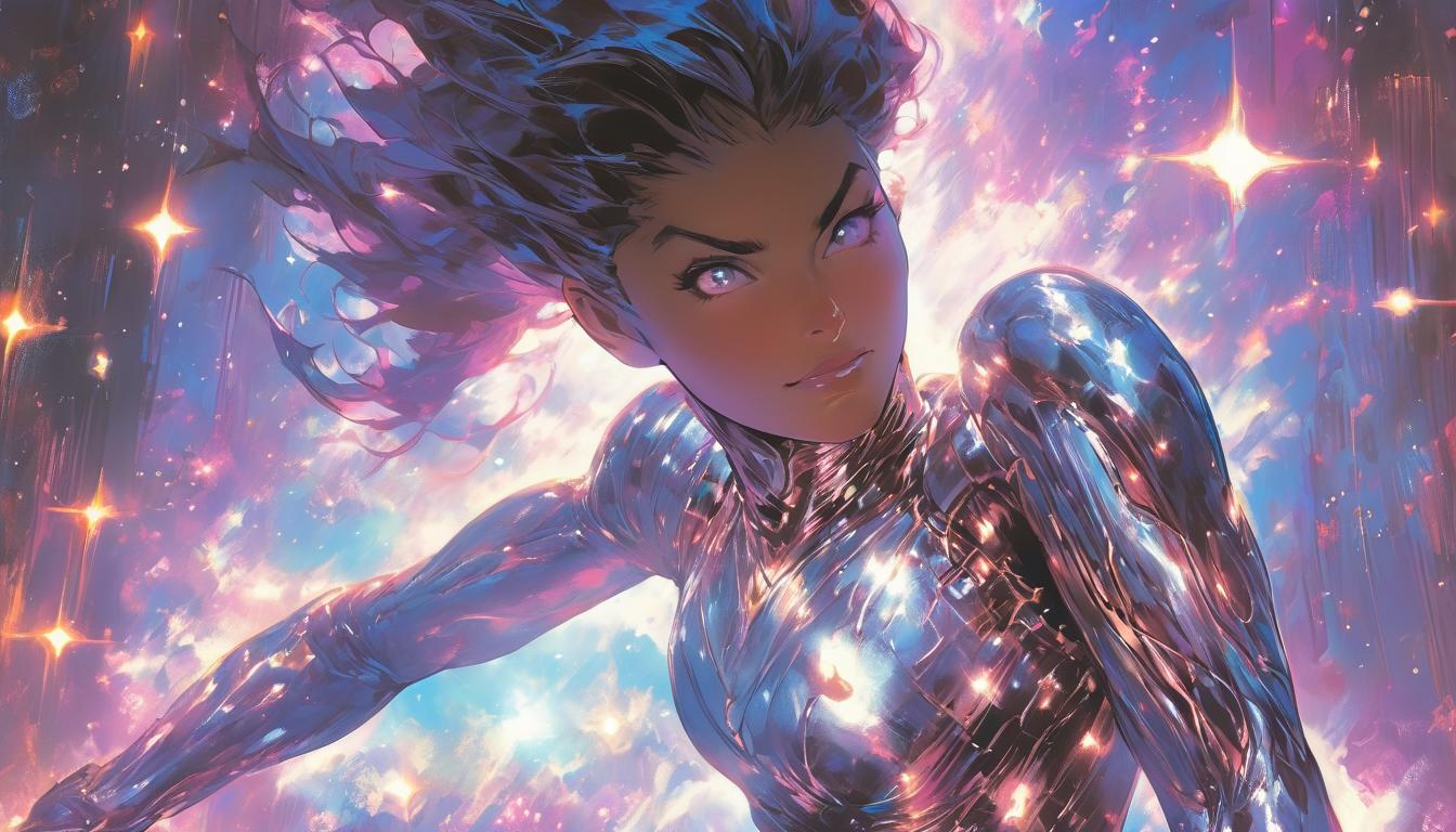  hyperrealism,fantasy aesthetican arian woman, large busted, extending her arm towards a shimmering vision of desired reality, celestial background, hopeful and serene, high tech clothing clad in sleek, futuristic costume with metallic accents and form fitting designs, marvel superhero comics style, unreal engine rendering