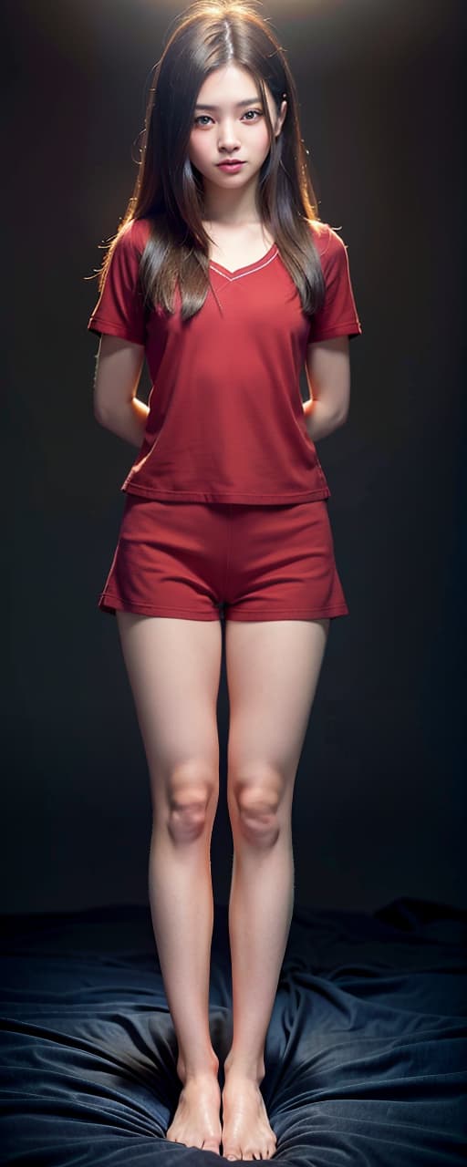  Brown hair girl, smile, long hair, red pajamas, denim shorts, beautiful legs, back, lower body, sleep on bed, (Masterpiece, BestQuality:1.3), (ultra detailed:1.2), (hyperrealistic:1.3), (RAW photo:1.2),High detail RAW color photo, professional photograph, (Photorealistic:1.4), (realistic:1.4), ,professional lighting, (japanese), beautiful face, (realistic face)