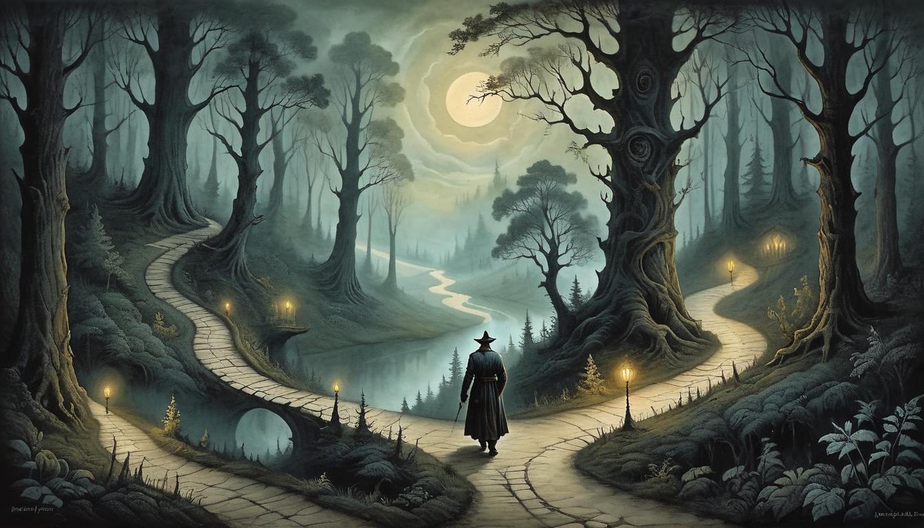  on parchment, surrealism+++, A lone traveler on a winding path, dark forest setting, ethereal glow guiding the way, sense of solitude and isolation.(mysterious, provocative, symbolic,muted color)+++