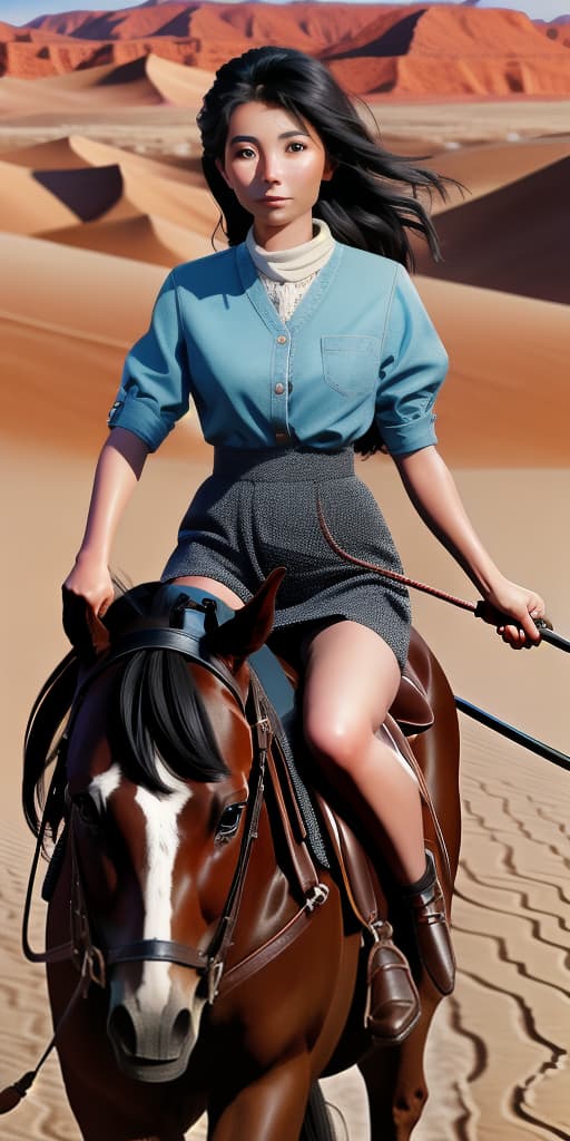  photo of a woman wearing underwear and riding a horse at the desert