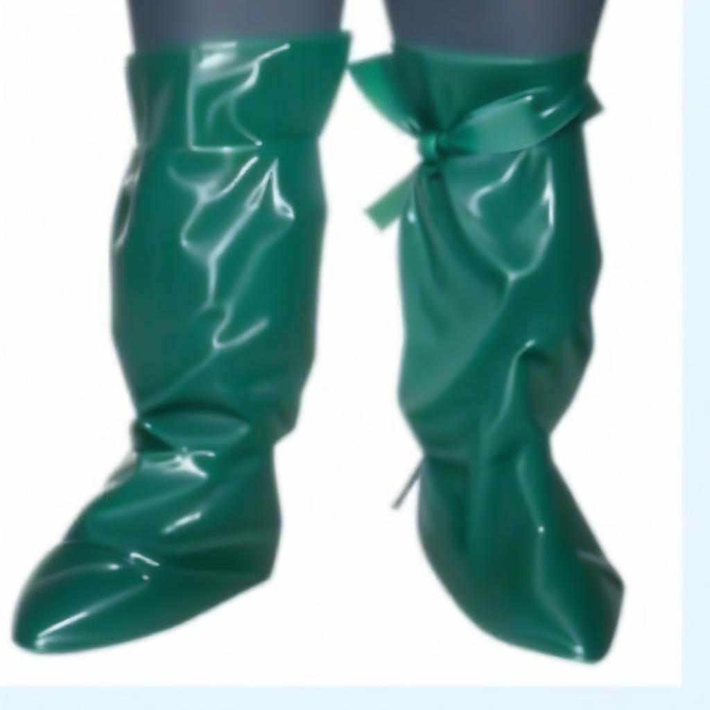  on the legs: high surgical shoe covers, knee high, with ribbon ties, made of glossy latex, the lower part of the shoe cover, covers the foot, from the sole to the ankle, color dark green, the upper part of the shoe cover, fits the calves, from the ankle knee length, dark blue hyperrealistic, full body, detailed clothing, highly detailed, cinematic lighting, stunningly beautiful, intricate, sharp focus, f/1. 8, 85mm, (centered image composition), (professionally color graded), ((bright soft diffused light)), volumetric fog, trending on instagram, trending on tumblr, HDR 4K, 8K