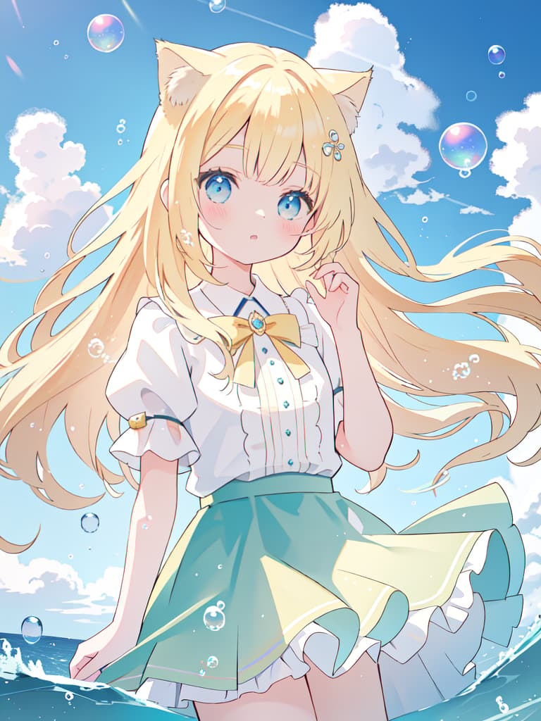  Blond, girl, soap bubbles, skirts, cat ears, sea, sky, long hair, masterpiece, best quality,8k,ultra detailed,high resolution,an extremely delicate and beautiful,hyper detail