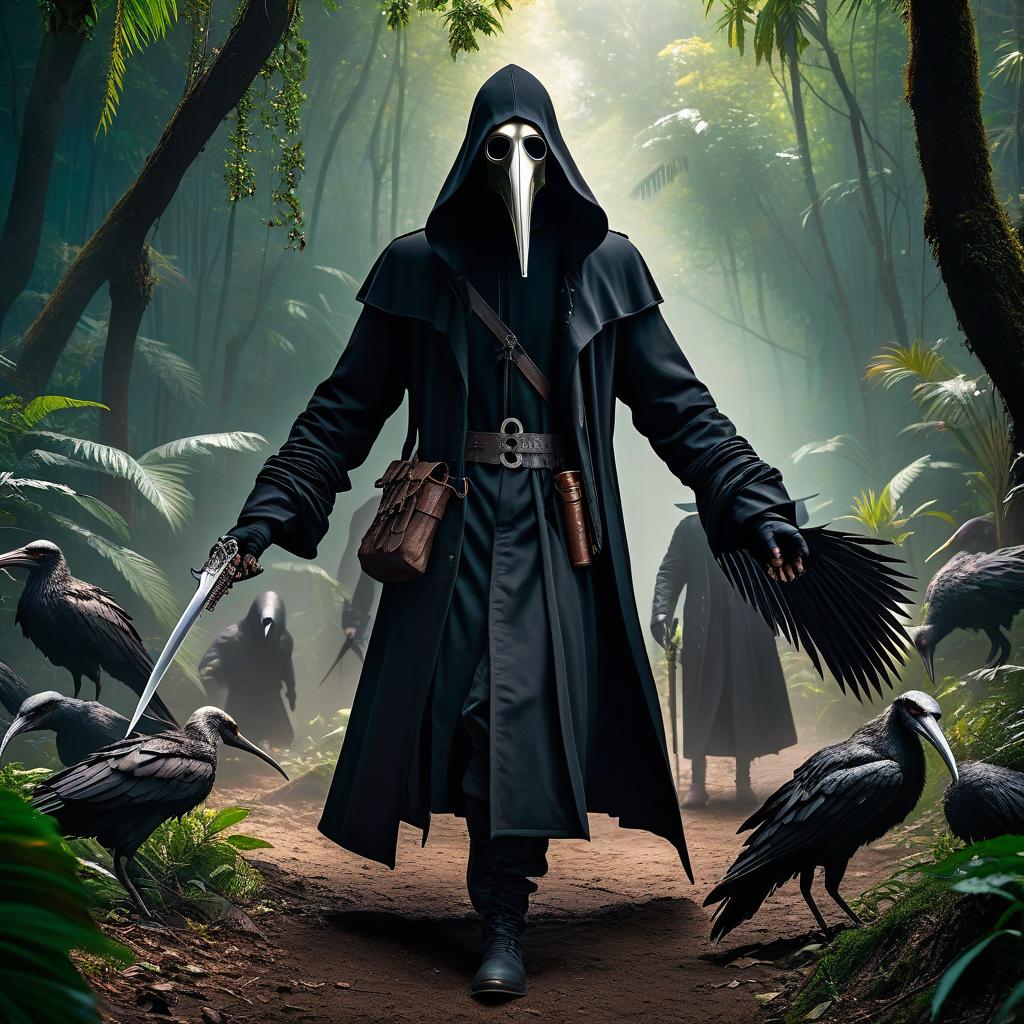  The plague doctor,full length,dressed in a black hoodie,a mask of a long bird's beak on his face,fighting a horde of mutant monsters in the jungle,a knife in his hands,anime style hyperrealistic, full body, detailed clothing, highly detailed, cinematic lighting, stunningly beautiful, intricate, sharp focus, f/1. 8, 85mm, (centered image composition), (professionally color graded), ((bright soft diffused light)), volumetric fog, trending on instagram, trending on tumblr, HDR 4K, 8K