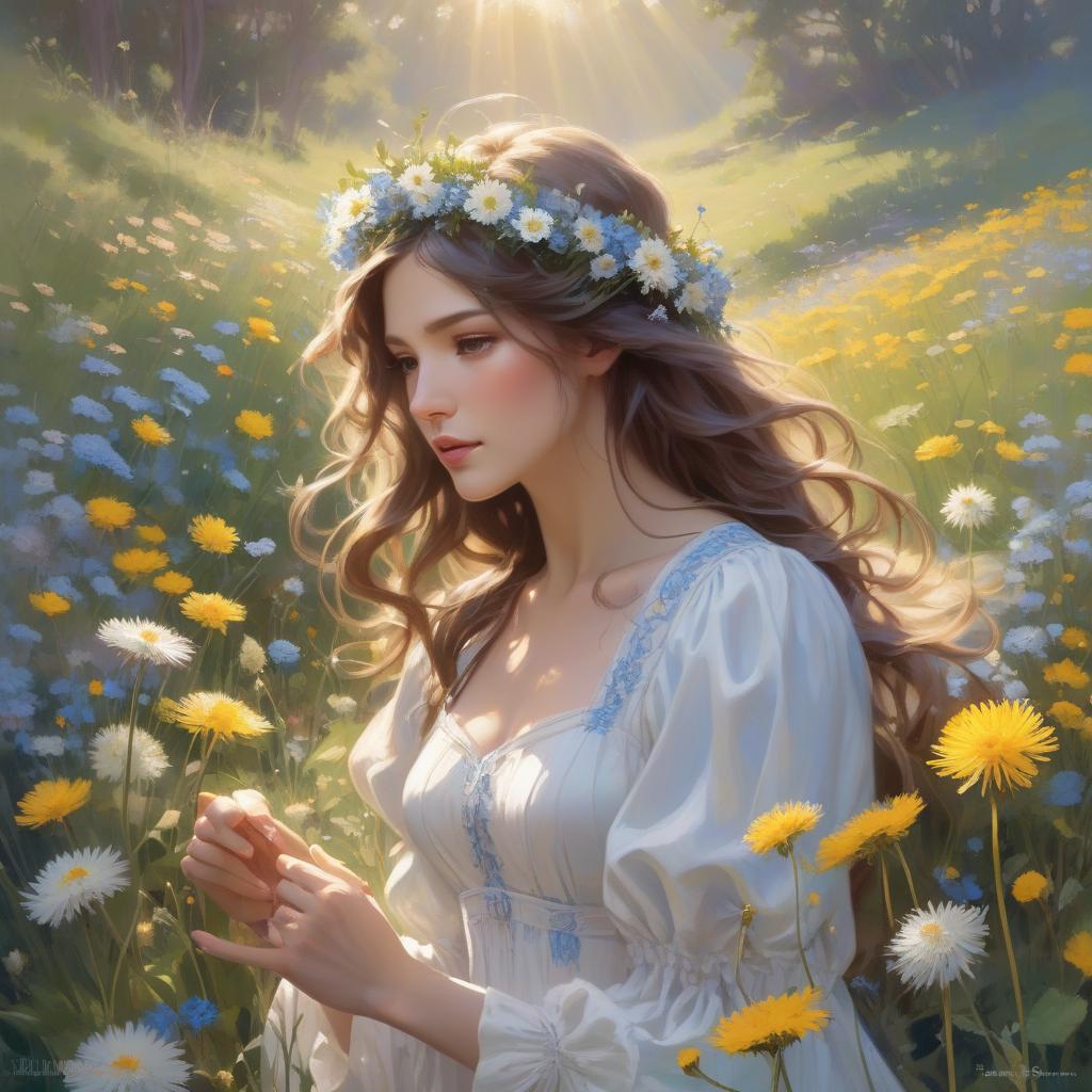  expressionist A with a floral crown and flowing hair is amidst a bright field of flowers, sunlight dappling through, creating a serene, magical atmosphere In the style of Daniel F Gerhartz and Morgan Weistling. A young with long, wavy hair adorned with small blue and white flowers blowing on a dandelion in a meadow filled with dandelions and other small flowers. She wears a white dress with puffy sleeves. The scene is ed in soft, warm light, creating a dreamy, ethereal atmosphere. Started from image: . raw, emotional, dynamic, distortion for emotional effect, vint, use of unusual colors, detailed hyperrealistic, full body, detailed clothing, highly detailed, cinematic lighting, stunningly beautiful, intricate, sharp focus, f/1. 8, 85mm, (centered image composition), (professionally color graded), ((bright soft diffused light)), volumetric fog, trending on instagram, trending on tumblr, HDR 4K, 8K