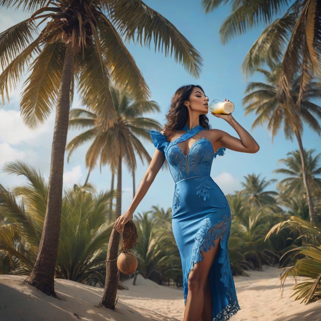  a woman stands tall in a blue dress, leans against a palm tree and drinks from a coconut hyperrealistic, full body, detailed clothing, highly detailed, cinematic lighting, stunningly beautiful, intricate, sharp focus, f/1. 8, 85mm, (centered image composition), (professionally color graded), ((bright soft diffused light)), volumetric fog, trending on instagram, trending on tumblr, HDR 4K, 8K