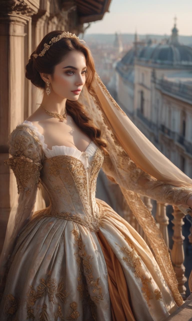  A girl on the balcony, baroque style, short Renaissance dress, the street in beautiful lighting, focus on the girl. hyperrealistic, full body, detailed clothing, highly detailed, cinematic lighting, stunningly beautiful, intricate, sharp focus, f/1. 8, 85mm, (centered image composition), (professionally color graded), ((bright soft diffused light)), volumetric fog, trending on instagram, trending on tumblr, HDR 4K, 8K