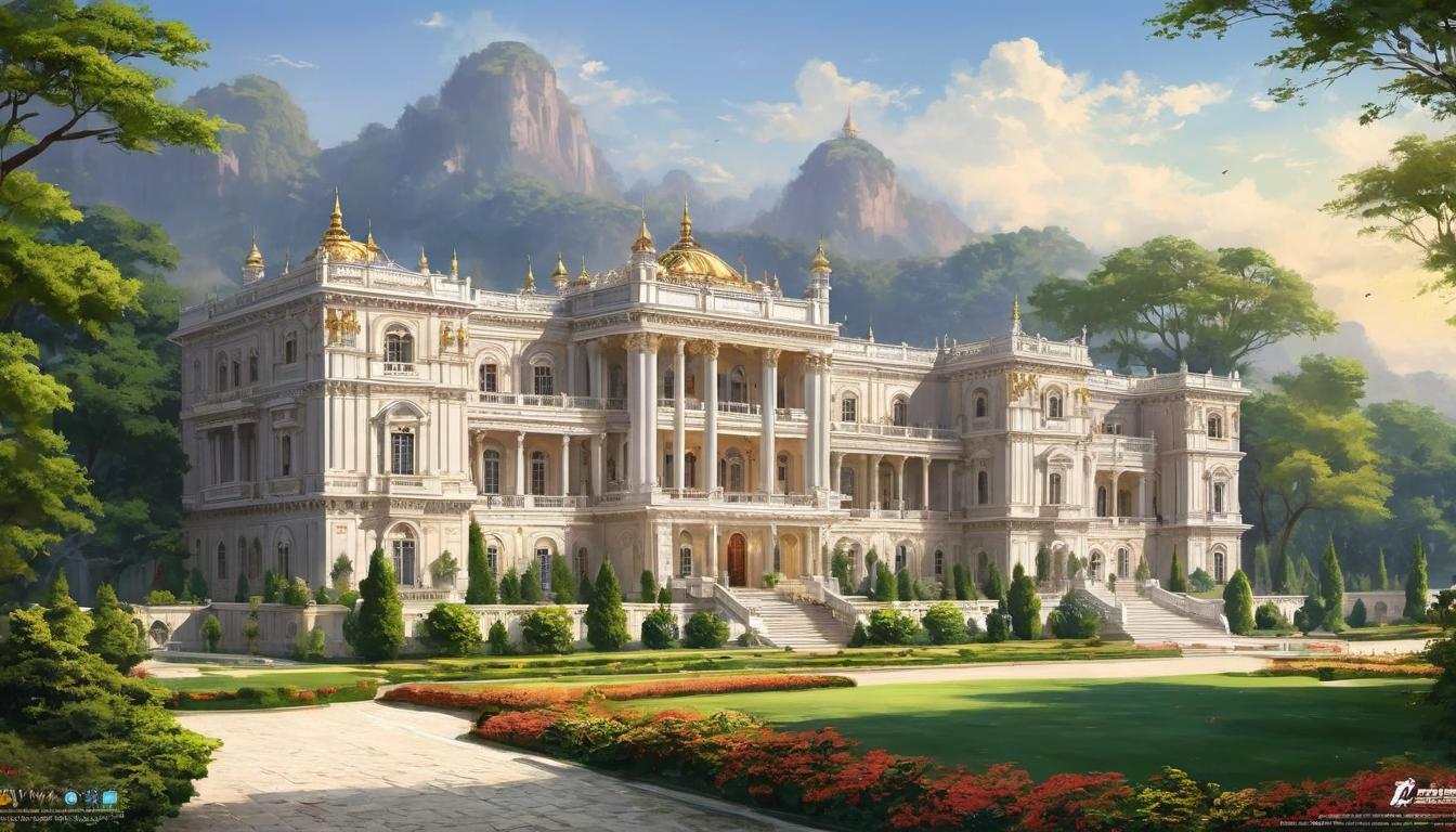  digital painting of Grand palaces, majestic and opulent, lavish interiors, sprawling grounds, detailed craftsmanship, symbol of power and luxury looking at viewer, dynamic pose, (intricate details, masterpiece, best quality)