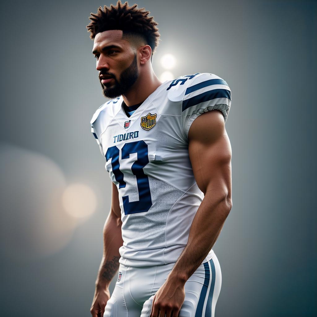  a football player hyperrealistic, full body, detailed clothing, highly detailed, cinematic lighting, stunningly beautiful, intricate, sharp focus, f/1. 8, 85mm, (centered image composition), (professionally color graded), ((bright soft diffused light)), volumetric fog, trending on instagram, trending on tumblr, HDR 4K, 8K