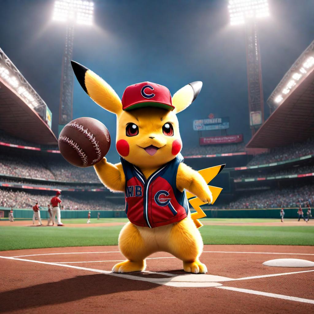  An image featuring Pokémon characters as NBA and MLB players. Pikachu is dressed in a basketball uniform dribbling a ball, Charizard is in a baseball uniform swinging a bat, and Bulbasaur is wearing a baseball cap ready to pitch. The background should be a sports stadium with a crowd cheering. The scene is vibrant and action-packed, capturing the excitement of both sports. hyperrealistic, full body, detailed clothing, highly detailed, cinematic lighting, stunningly beautiful, intricate, sharp focus, f/1. 8, 85mm, (centered image composition), (professionally color graded), ((bright soft diffused light)), volumetric fog, trending on instagram, trending on tumblr, HDR 4K, 8K