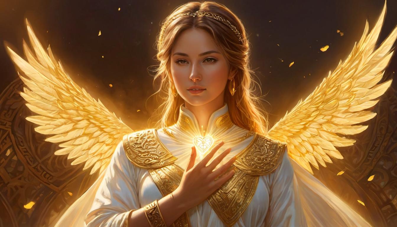  digital illustration, 1woman, protective stance, hand to heart, shielded by an ethereal barrier, warm golden light surrounds her, ethereal elements, safety, comfort, inner strength, heart symbol subtly integrated into the imagery, looking at viewer, dynamic pose, (intricate details, masterpiece, best quality)