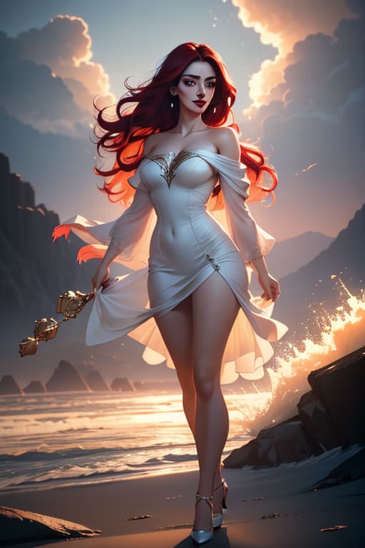  masterpiece, best quality, beautiful soft face, dark make up, movie still, stunning , lips, carmin red lips, long White wavy hair, iest, ful, huge , deep age, off shoulders, short dress, cloud , floating in the sky, bright, happy, warm soft lighting, sunset, (sparks:0.7) hyperrealistic, full body, detailed clothing, highly detailed, cinematic lighting, stunningly beautiful, intricate, sharp focus, f/1. 8, 85mm, (centered image composition), (professionally color graded), ((bright soft diffused light)), volumetric fog, trending on instagram, trending on tumblr, HDR 4K, 8K