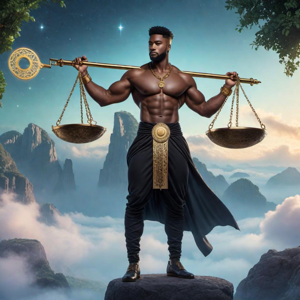  Enchanting black male holding a scale as a symbol of balance in the sign of Libra zodiac, lofi fantasy style. The character should have a harmonious and balanced appearance, with soft, dreamy, and relaxed lofi elements. Include celestial or cosmic background details to create an enchanting atmosphere. hyperrealistic, full body, detailed clothing, highly detailed, cinematic lighting, stunningly beautiful, intricate, sharp focus, f/1. 8, 85mm, (centered image composition), (professionally color graded), ((bright soft diffused light)), volumetric fog, trending on instagram, trending on tumblr, HDR 4K, 8K