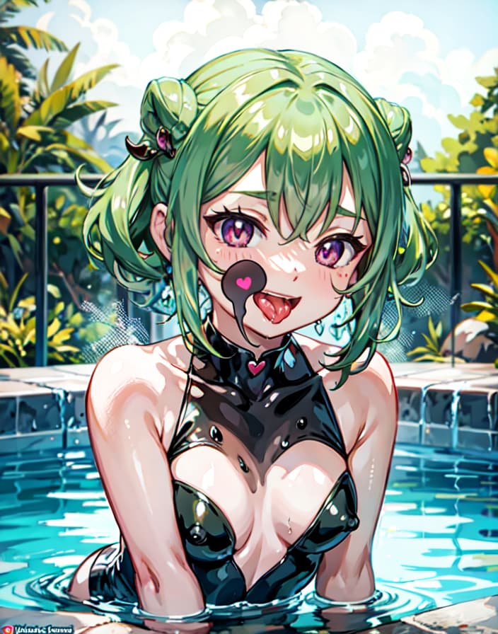  master piece , best quality,, , translucent body face,upper body, steam,slime , leaning forward,,pool side, small s,grabbing own ,afterglow,long tongue,evilgrin,saliva,face focus,heart shaped pupils